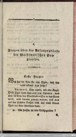 I. Fragen über die Anfangsgründe der Mathematischen Geographie