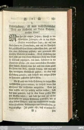 I. Untersuchung, ob man wahrscheinlicher Weise aus Küchensalz mit Nutzen Salpeter machen könne?