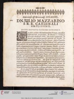Eminentiß & Reverendiss. Domino, dn. julio mazzarino s.r.e. cardinali amplissimo.