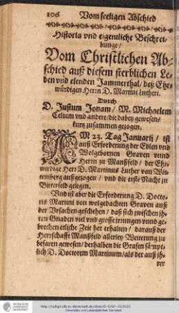Historia vnd eigentliche Beschretbunge / Vom Christlichen Abschied auß diesem sterblichen Leben ...