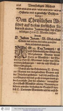 Historia vnd eigentliche Beschretbunge / Vom Christlichen Abschied auß diesem sterblichen Leben ...