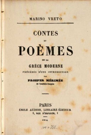 Contes et poèmes de la Grèce moderne : Précédés d'une introduction par Prosp. Mérimée