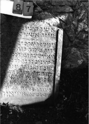 Grabstein 87 (Index: 99798157) Material: Sandstein, rot Zustand: stark verwittert Maße HxBxT: 79x59x10 cm Beschreibung: Stele, geschwungener Abschluß Besonderheit: Namensakrostichon: Grabstein 87 (1)
