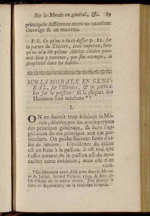 Sur La Morale En Général, sur l´Homme, & en particulier sur la question: Si la plupart des Hommes sont méchans?