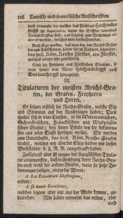 III. Titulaturen der meisten Reichs-Grafen, der Grafen, Freyherrn und Herrn
