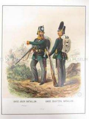 Uniformdarstellung, Oberjäger des Garde-Jäger-Bataillons und Gemeiner des Garde-Schützen-Bataillons, Preußen, 1864. Tafel 18 aus: Schindler: Militair-Album.
