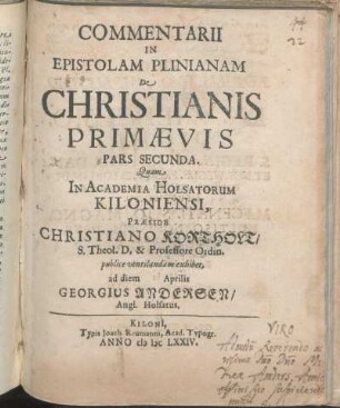 Commentarii In Epistolam Plinianam De Christianis Primaevis Pars Secunda