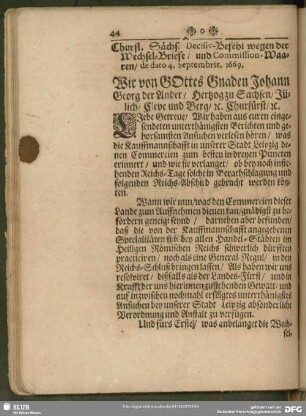 Churfl. Sächs. Decisiv-Befehl wegen der Wechsel-Briefe, und Commission-Waaren, de dato 4. Septembris. 1669
