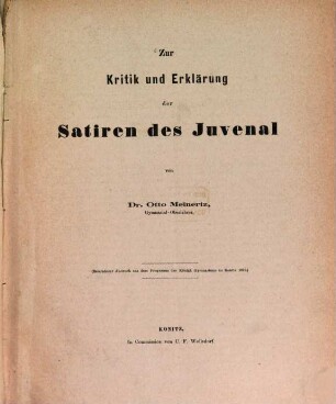 Zur Kritik und Erklärung der Satiren des Juvenal