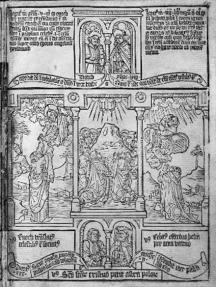 Blockbuchausgabe der Biblia pauperum : Gott nimmt Heneck hinweg, Christi Himmelfahrt, Elias Himmelfahrt (Seite 34) aus: Blockbuchausgabe der Biblia pauperum. Dresden: SLUB Mscr.Dresd.g.152.d