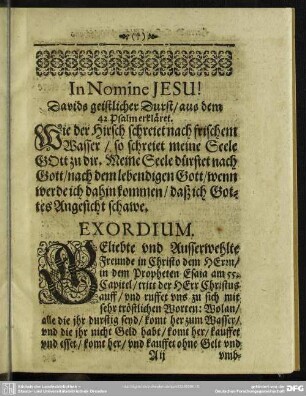 Leichenpredigt : Herrn D. Caspar Michael Welschens Christliche Leich-Predigt. Exordium.