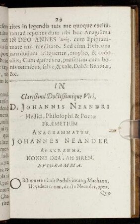 In Clarißimi ... D. Johannis Neandri Medici, Philosophi & Poetae Praemetium Anagrammatum