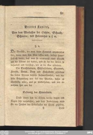 Drittes Kapitel. Von dem Aderlassen der Ochsen, Schaafe, Schweine, des Federviehes u.s.w.
