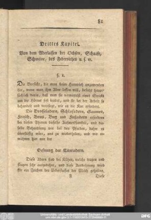 Drittes Kapitel. Von dem Aderlassen der Ochsen, Schaafe, Schweine, des Federviehes u.s.w.