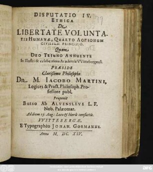 Disputatio IV. Ethica De Libertate Voluntatis Humanae, Quarto Actionum Civilium Principio