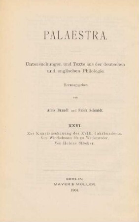 Zur Kunstanschauung des XVIII. Jahrhunderts : von Winckelmann bis zu Wackenroder