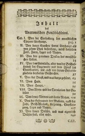 Inhalt des Anatomischen Handbüchleins.