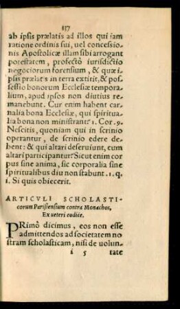 Articuli Scholasticorum Parisiensis contra Monachos, Ex veteri codice.