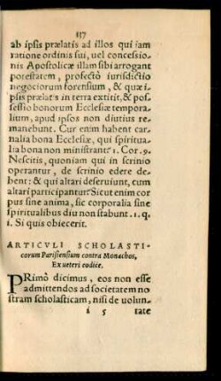 Articuli Scholasticorum Parisiensis contra Monachos, Ex veteri codice.