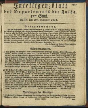 52tes Stück. Cassel den 26ten December 1808