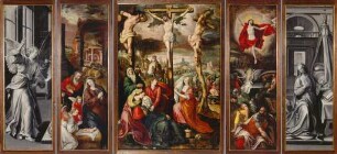 Flügelaltar: Kreuzigung Christi – Geburt Christi – Auferstehung Christi, Außenflügel: Verkündigungsengel – Maria bei der Verkündigung