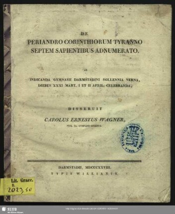 1828,Apr.: Programm des Großherzoglichen Gymnasiums zu Darmstadt