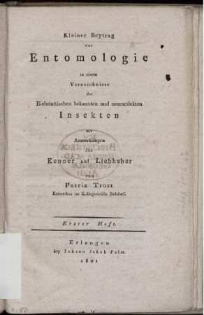 1. Heft: Kleiner Beytrag zur Entomologie. 1
