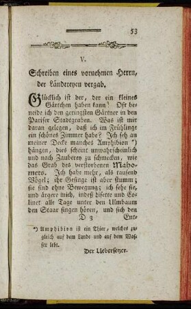 V. Schreiben eines vornehmen Herrn, der Ländereyen vergab.