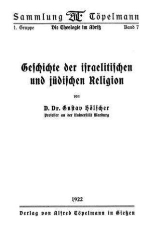 Geschichte der israelitischen und jüdischen Religion / Gustav Hölscher