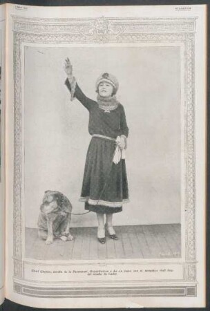Ethel Clayton, estrella de la Paramount, disponiéndose a dar un paseo con el antipático "bull dog" del estudio de Lasky.