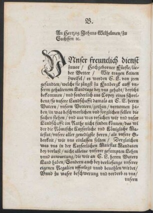 B. An Hertzog Johans Wilhelmen/ zu Sachssen etc.