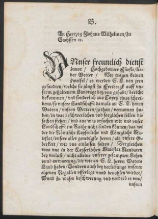 B. An Hertzog Johans Wilhelmen/ zu Sachssen etc.