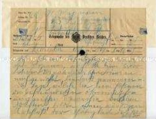 Kaiserliches Telegramm mit Willkommengruß in der Heimat an den Bataillonskommandeur des 2. Ostasiatischen Infanterie-Regiments Sigismund von Förster