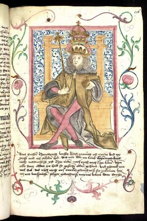 Thronender ungarischer Herrscher: König Sigmund; von Rankenwerk umgeben.