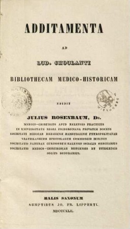 Additamenta ad L. Choulanti bibliothecam medico-historicam, 1