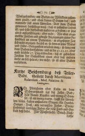 72-77, Kurtze Beschreibung deß Zeller-Bads; Kurtze Beschreibung deß Sultz-Wassers