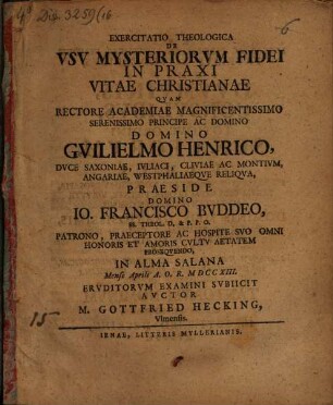 Exercitatio Theologica De Vsv Mysteriorvm Fidei In Praxi Vitae Christianae