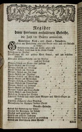 Register derer hierinnen enthaltenen Gebethe, die Zahl der Blätter anweisend.