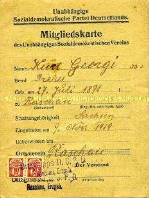 Mitgliedsausweis der Unabhängigen Sozialdemokratischen Partei Deutschlands