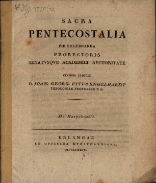 Sacra pentecostalia pie celebranda ... civibus academicis indicit Jo. Ge. Engelhardt : [Programma continens dissertatio] de Hesychastis