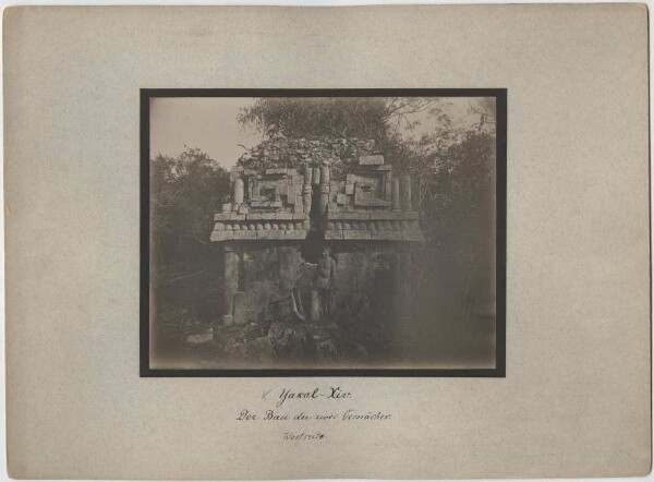 "The construction of the two chambers. West side. (With expedition member.) Discovery of Teobert Maler."