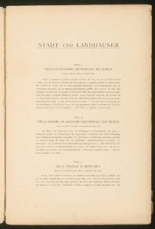 Stadt- und Landhäuser Sammlung moderner Wohngebäude, Villen und Einfamilienhäuser aus Stadt und Land ausgeführt von den ersten Architekten der Jetztzeit. Herausgegeben von Ernst Wasmuth, Berlin 1894: Titelblatt und Beschreibung der Tafeln
