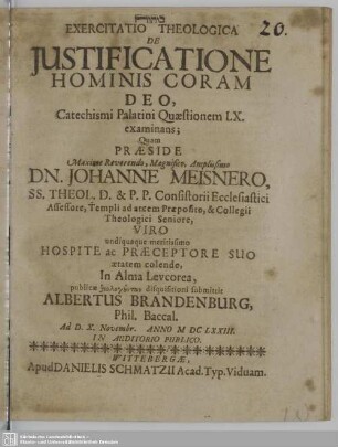Exercitatio Theologica De Iustificatione Hominis Coram Deo, Catechismi Palatini Quaestionem LX. examinans