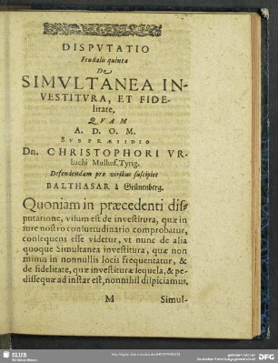 Disputatio Feudalis quinta De Simultanea Investitura, Et Fidelitate