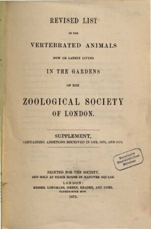 List of vertebrated animals living in the gardens of the Zooligical Society of London. 1872,[a]