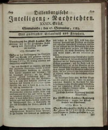 XXXIX. Stück. Sonnabends: den 27. September, 1783.