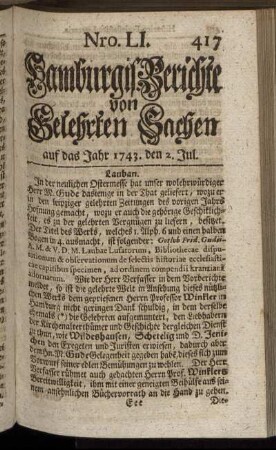 Nro. LI. auf das Jahr 1743. den 2. Jul. - Nro. LIX. auf das Jahr 1743. den 30. Jul.