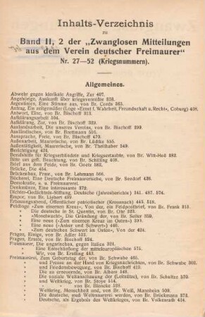 Inhalts-Verzeichnis zu Band II, 2 der "Zwanglosen Mitteilungen aus dem Verein deutscher Freimaurer" Nr. 27-52 (Kriegsnummern).
