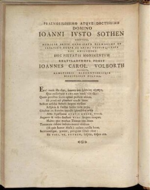Praenobilissimo Atque Doctissimo Domino Joanni Justo Sothen Goetting. Medicae Artis Candidato Dignissimo Et Sanguinis Aeque Ac Animi Propinquitate Sibi Amicissimo [...]