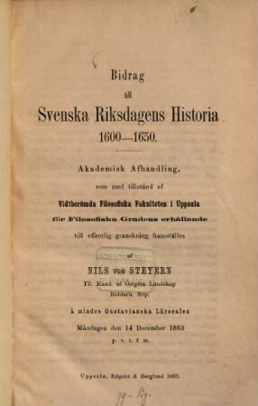 Bidrag till Svenska Riksdagens Historia 1600 - 1650